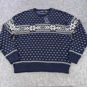 Polo Ralph Lauren Sweater Mens XL Blue Fair Isle Cotton Cashmere Ski Crewneck